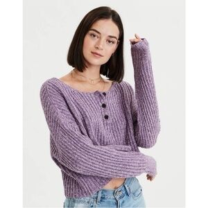 American Eagle Women’s Purple Henley Cropped Knit Sweater Size Large